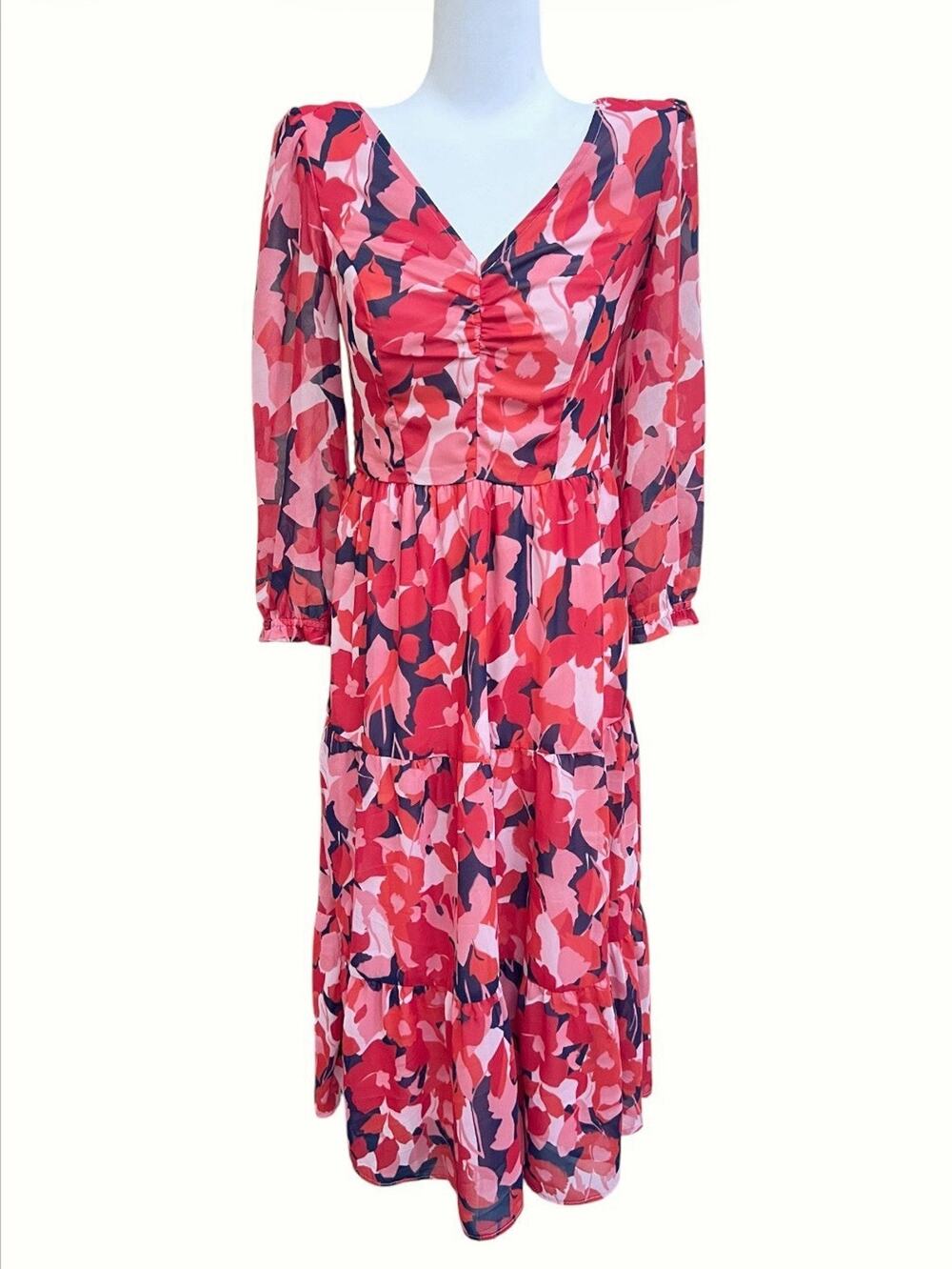 Sincerely Jules Floral V-Neck 7/8 Slv Midi Dress Sz S Floral Tie Back Garden
